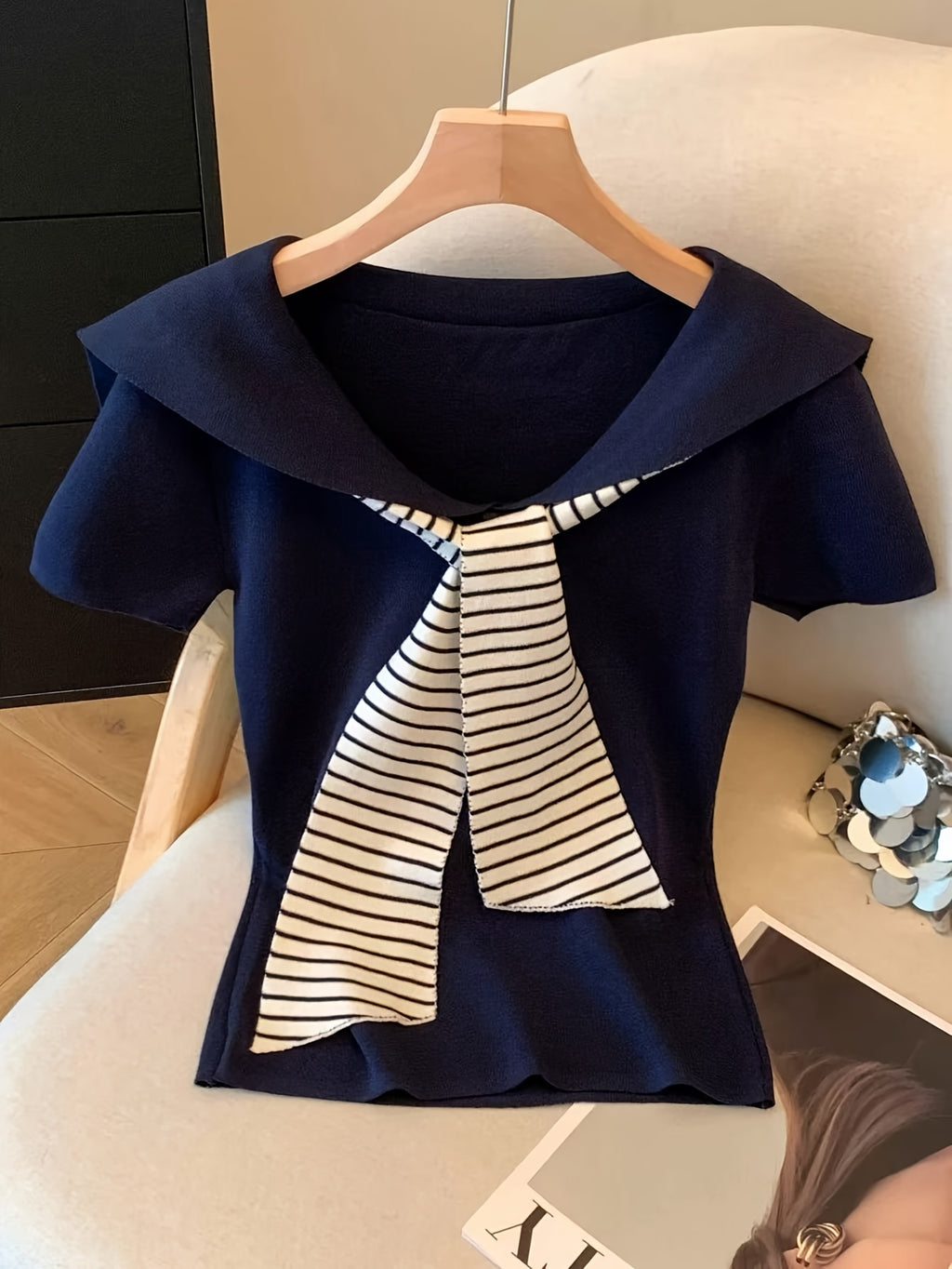 Women Sailor Collar Knit Top