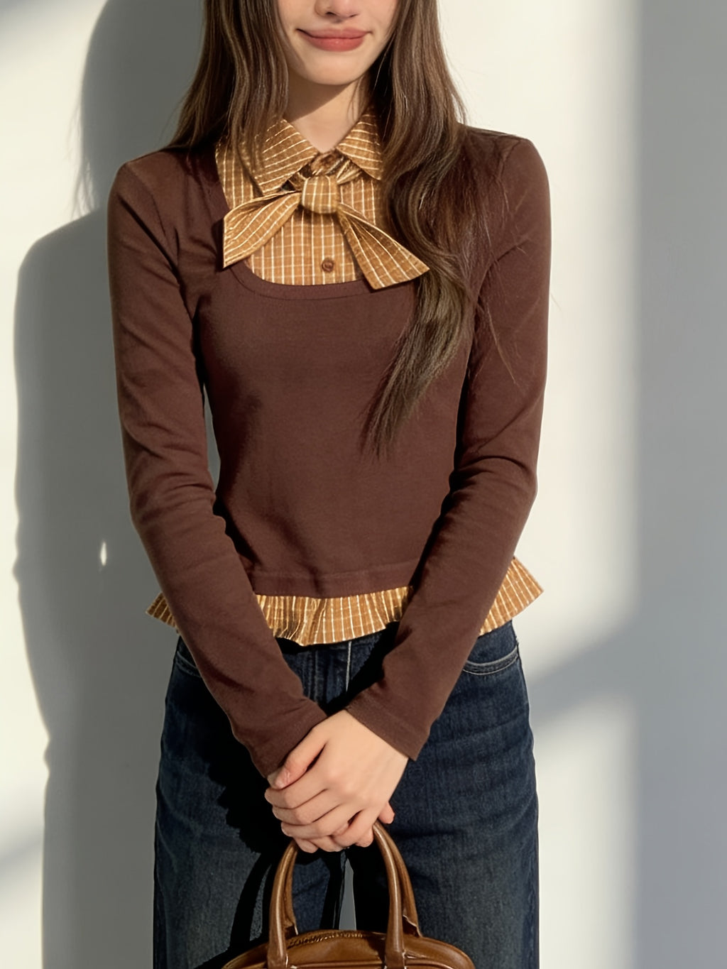 Women Faux Two Piece Long Sleeve Top