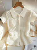 Women Peter Pan Collar Crinkle Short Sleeve Shirt