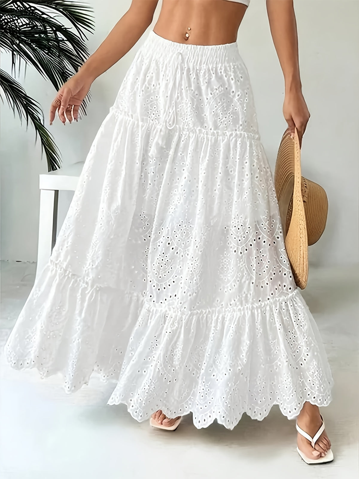 Women Eyelet Embroidery Tiered Maxi Skirt
