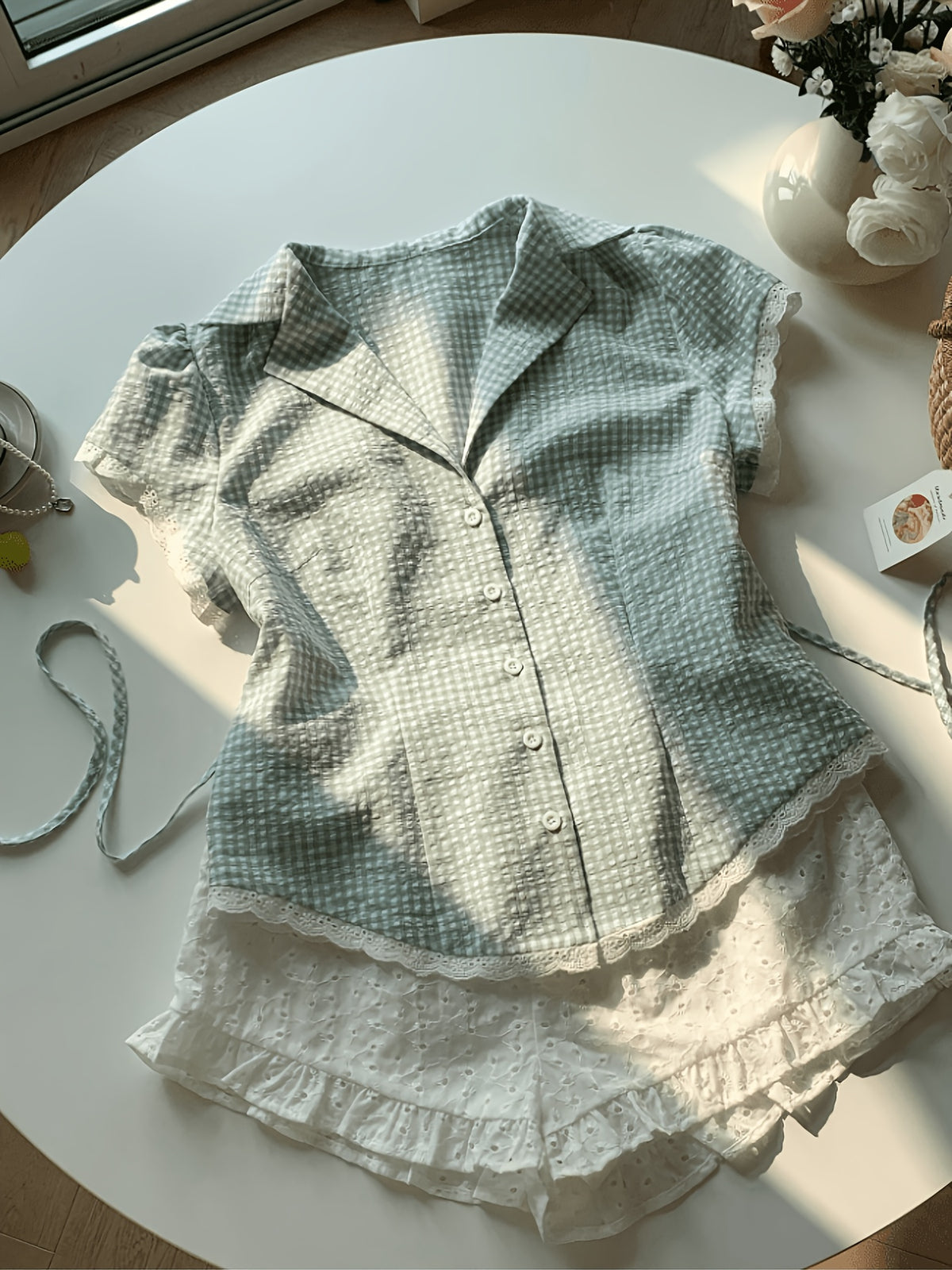 Lapel Short Sleeve Shirt Eyelet Ruffle Shorts Set