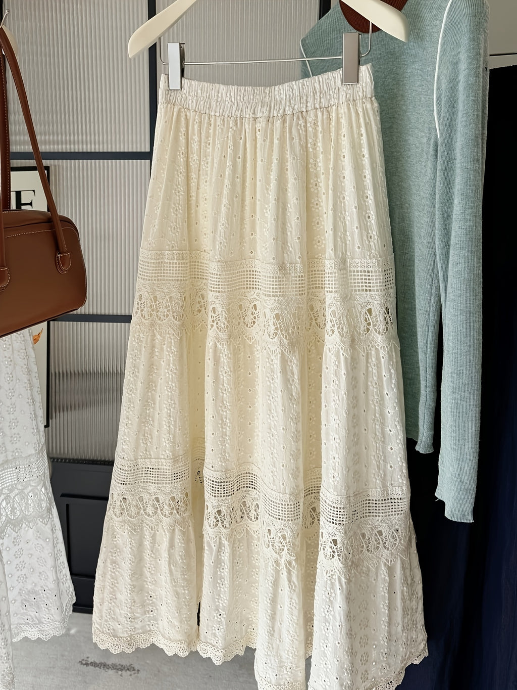 Women White Eyelet Lace Midi Skirt