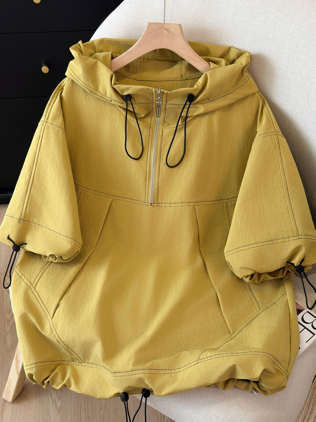 Women Half Zip Hooded Short Sleeve Top