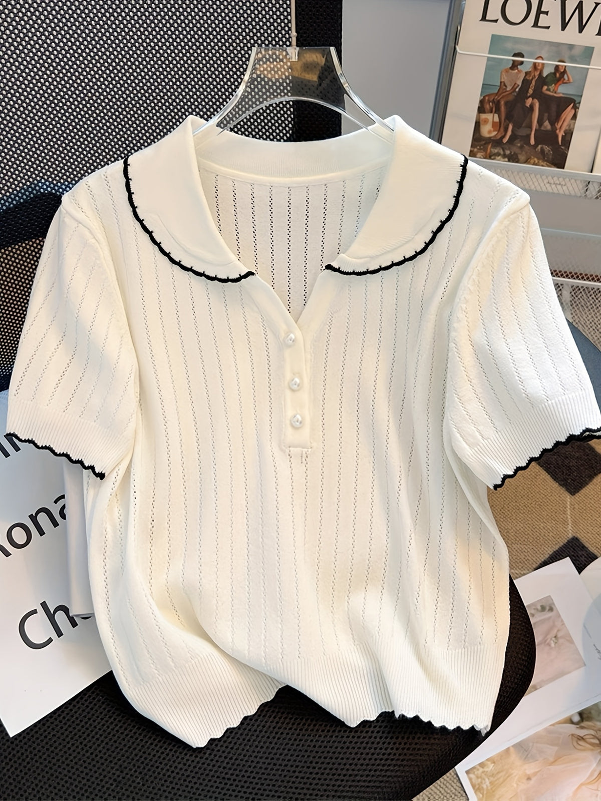 Women Peter Pan Collar Short Sleeve Knit Top