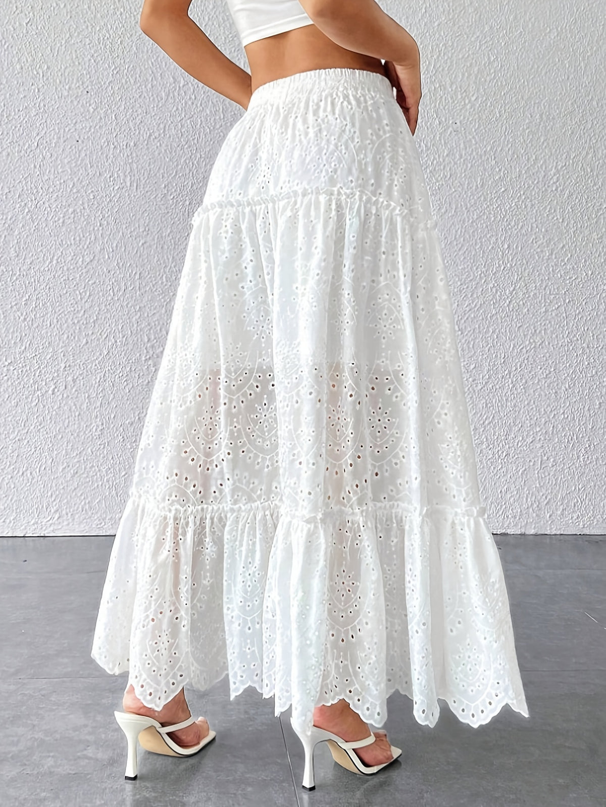 Women Eyelet Embroidery Tiered Maxi Skirt