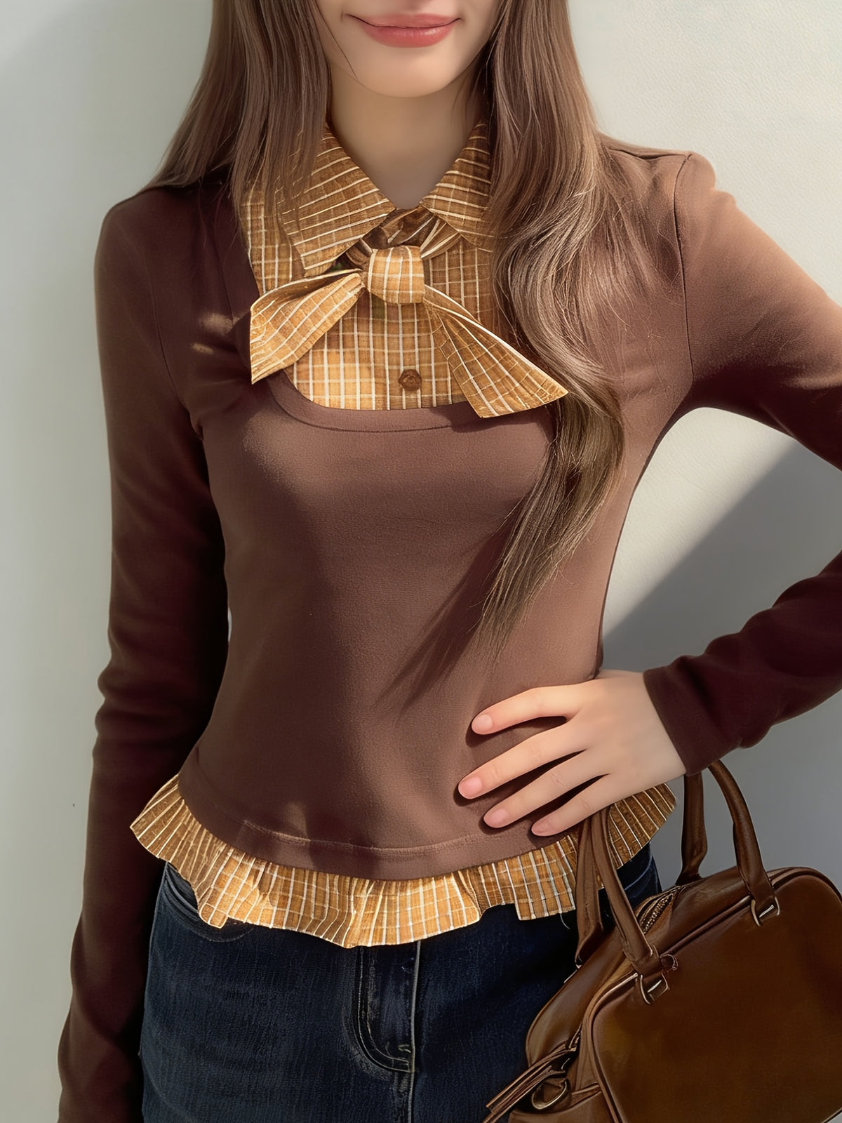 Women Faux Two Piece Long Sleeve Top
