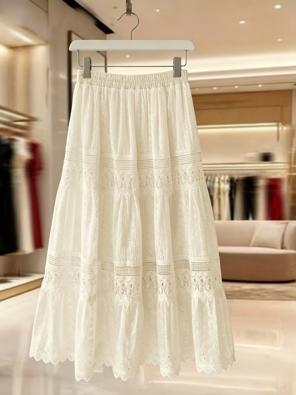 Women White Eyelet Lace Midi Skirt