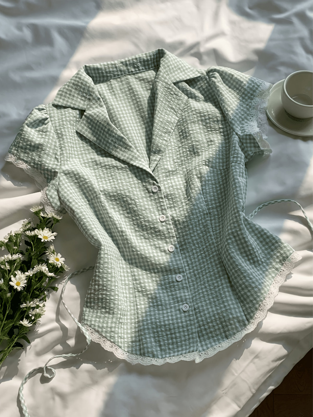 Lapel Short Sleeve Shirt Eyelet Ruffle Shorts Set
