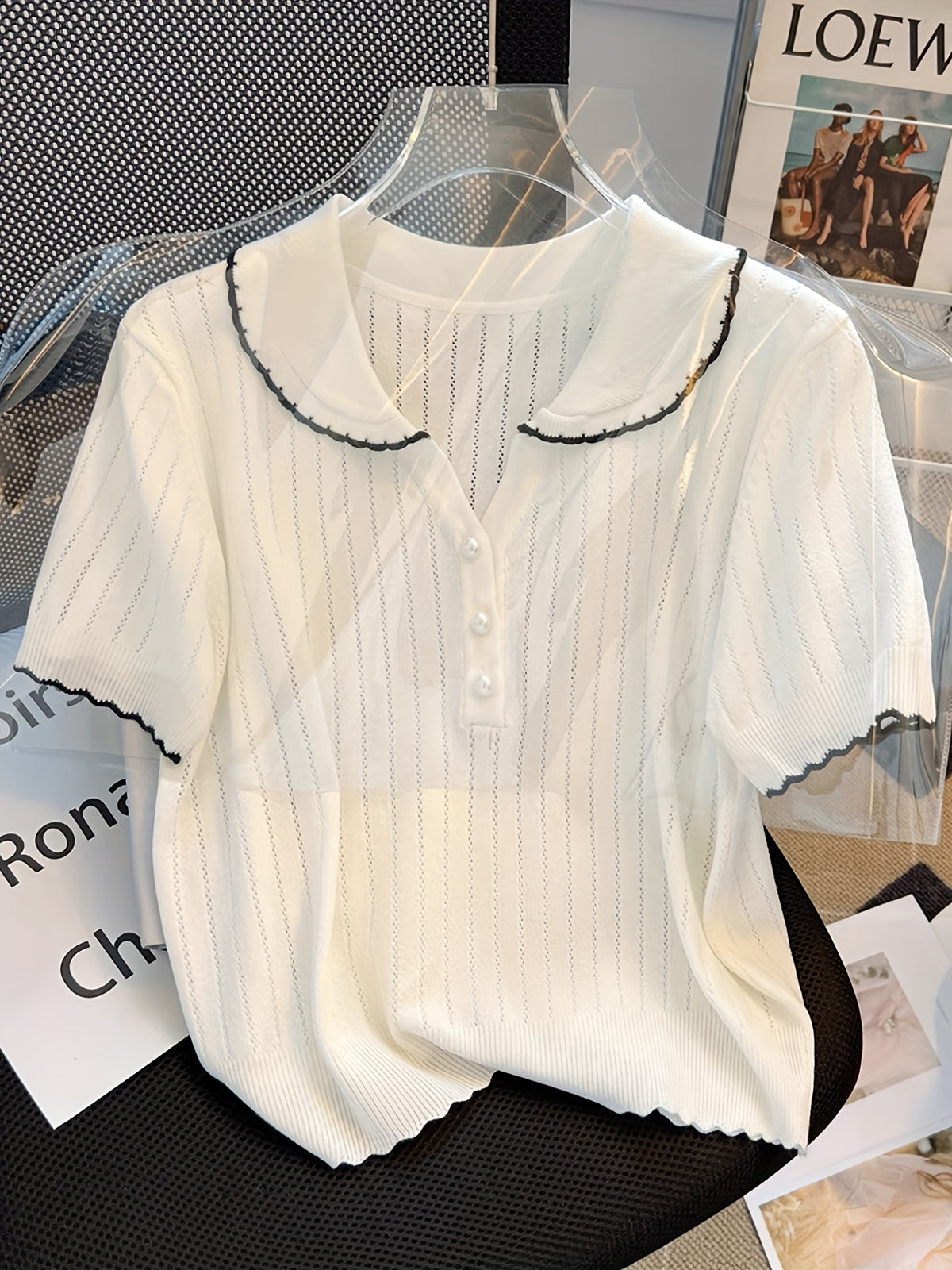 Women Peter Pan Collar Short Sleeve Knit Top