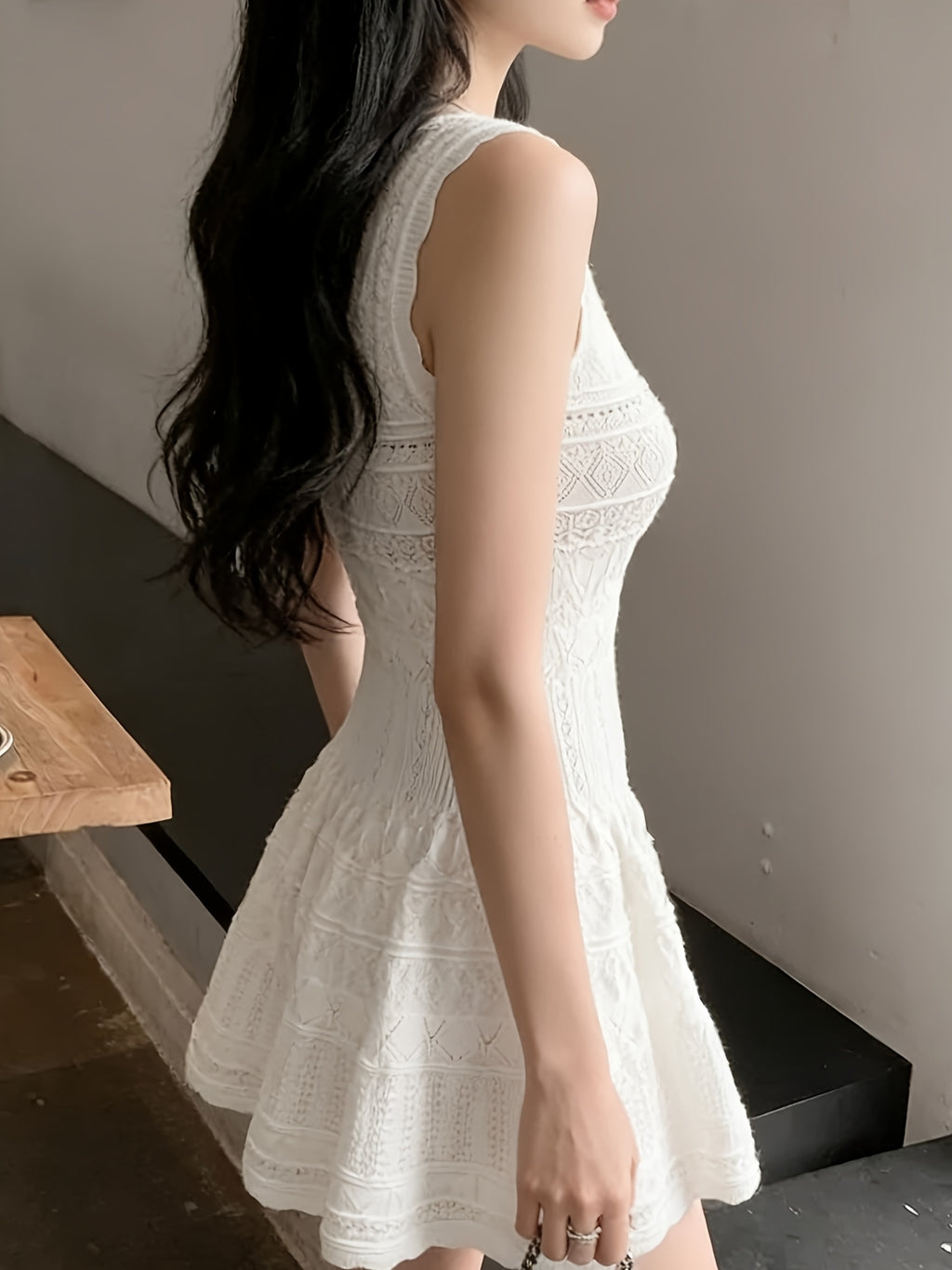 U-Neck Hollow Textured A-Line Flare Skater Dress