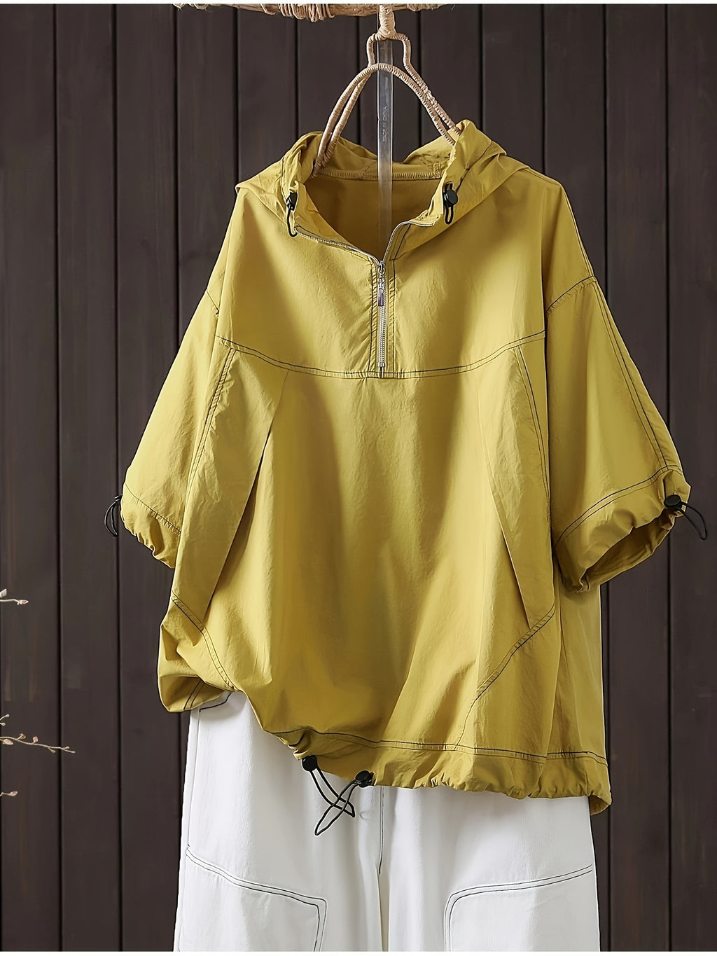 Women Half Zip Hooded Short Sleeve Top