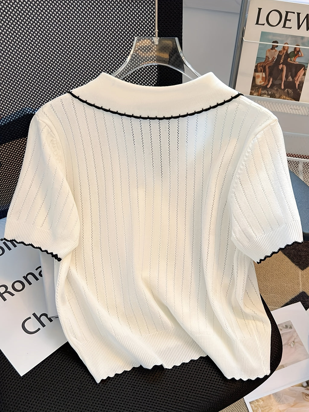 Women Peter Pan Collar Short Sleeve Knit Top