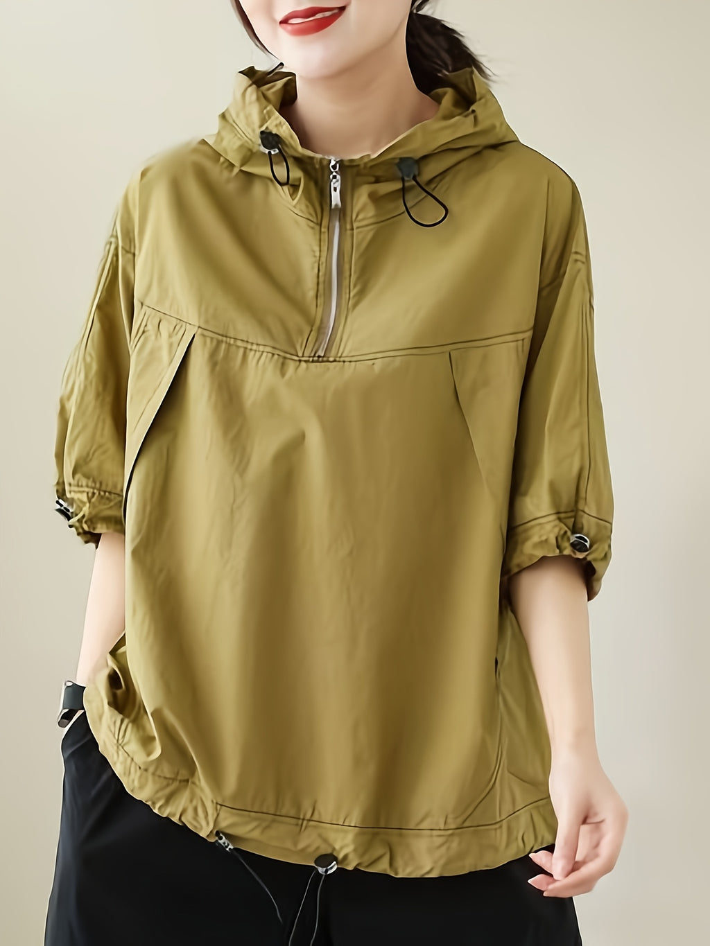 Women Half Zip Hooded Short Sleeve Top