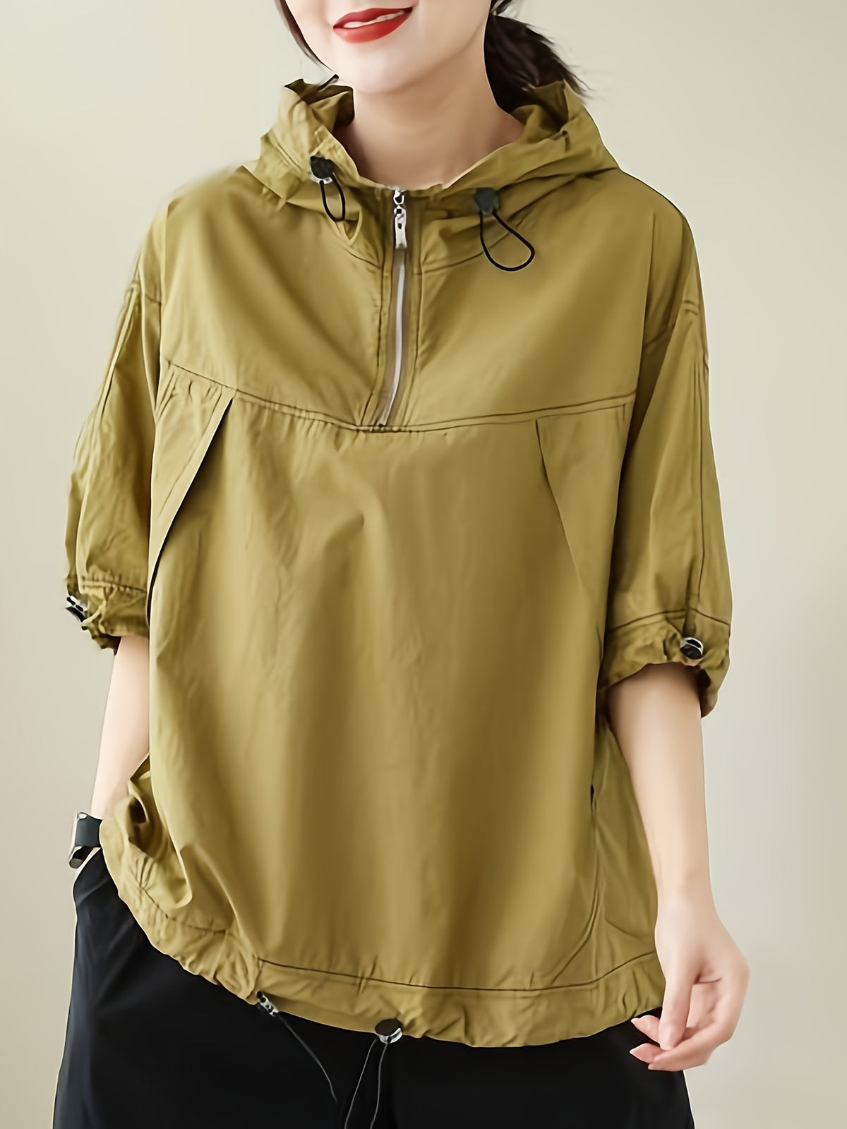 Women Half Zip Hooded Short Sleeve Top