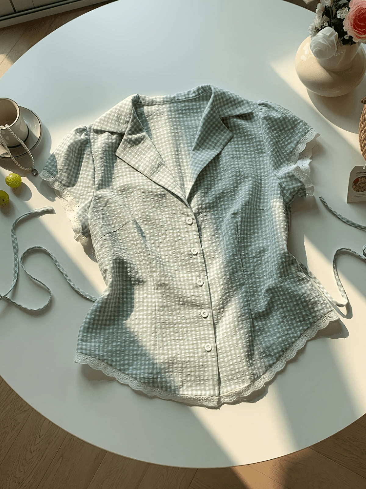 Lapel Short Sleeve Shirt Eyelet Ruffle Shorts Set