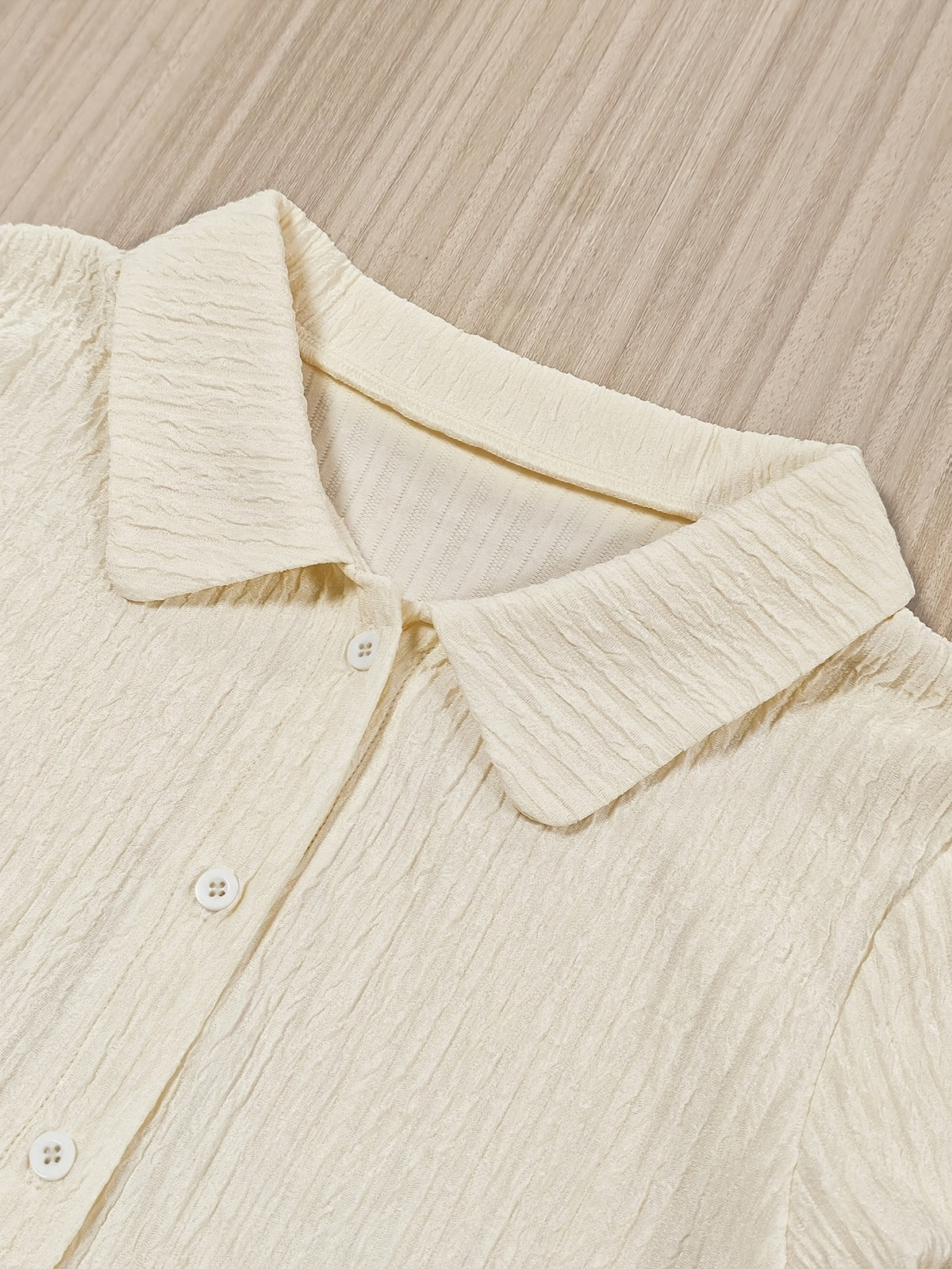 Women Peter Pan Collar Crinkle Short Sleeve Shirt