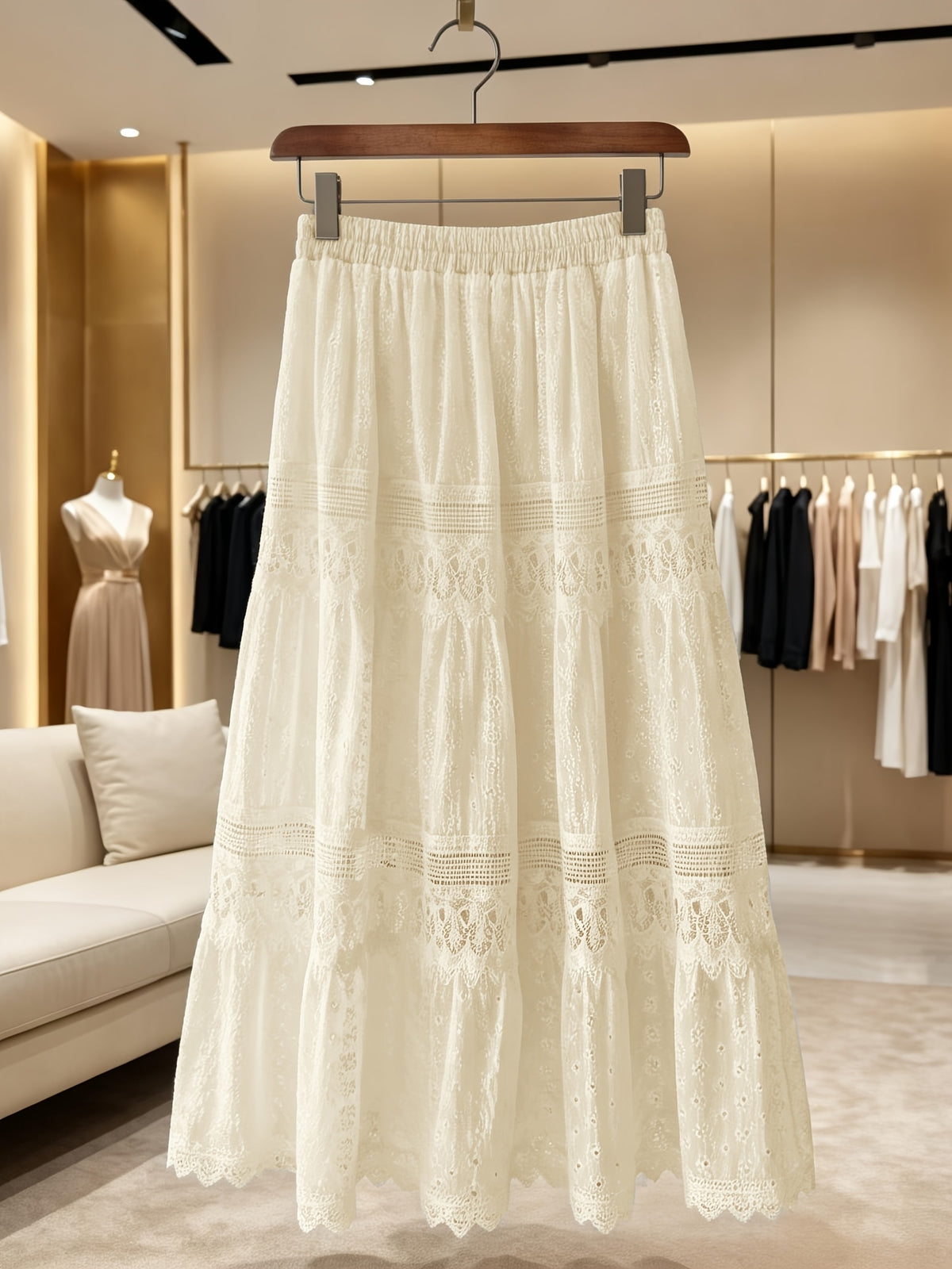 Women White Eyelet Lace Midi Skirt
