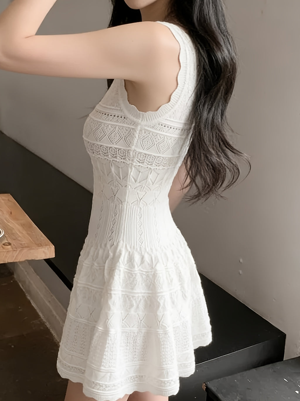 U-Neck Hollow Textured A-Line Flare Skater Dress