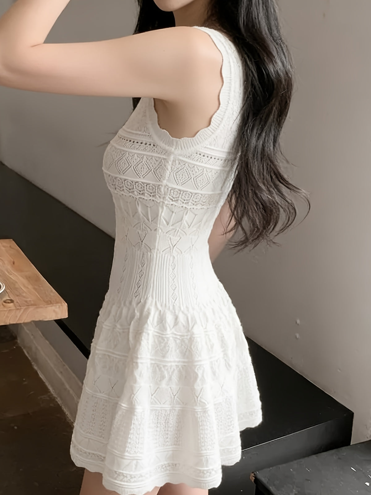 U-Neck Hollow Textured A-Line Flare Skater Dress