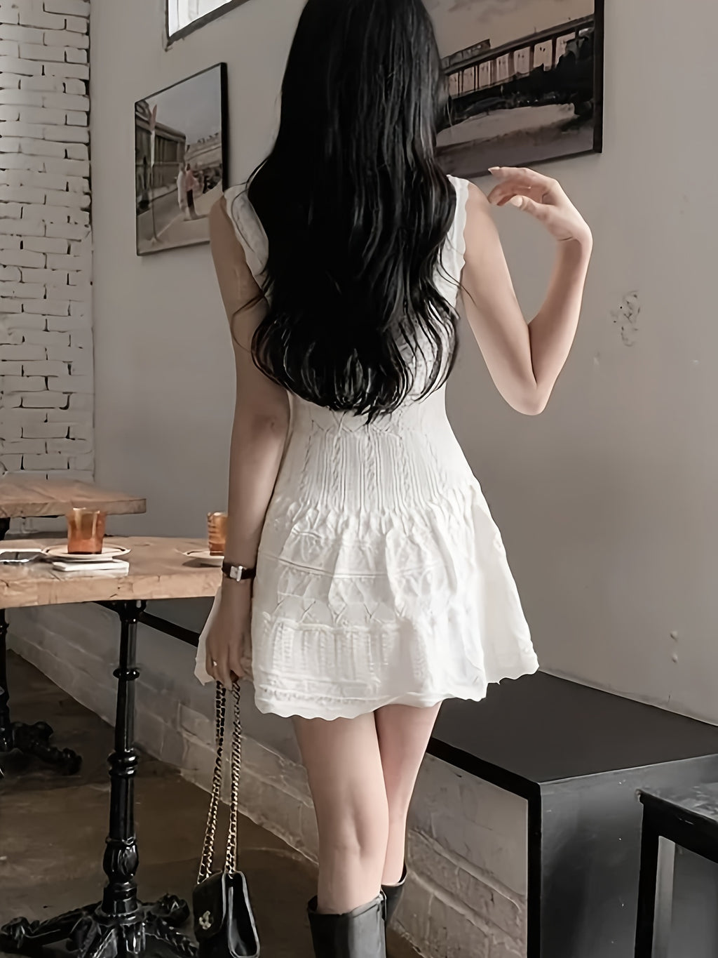 U-Neck Hollow Textured A-Line Flare Skater Dress