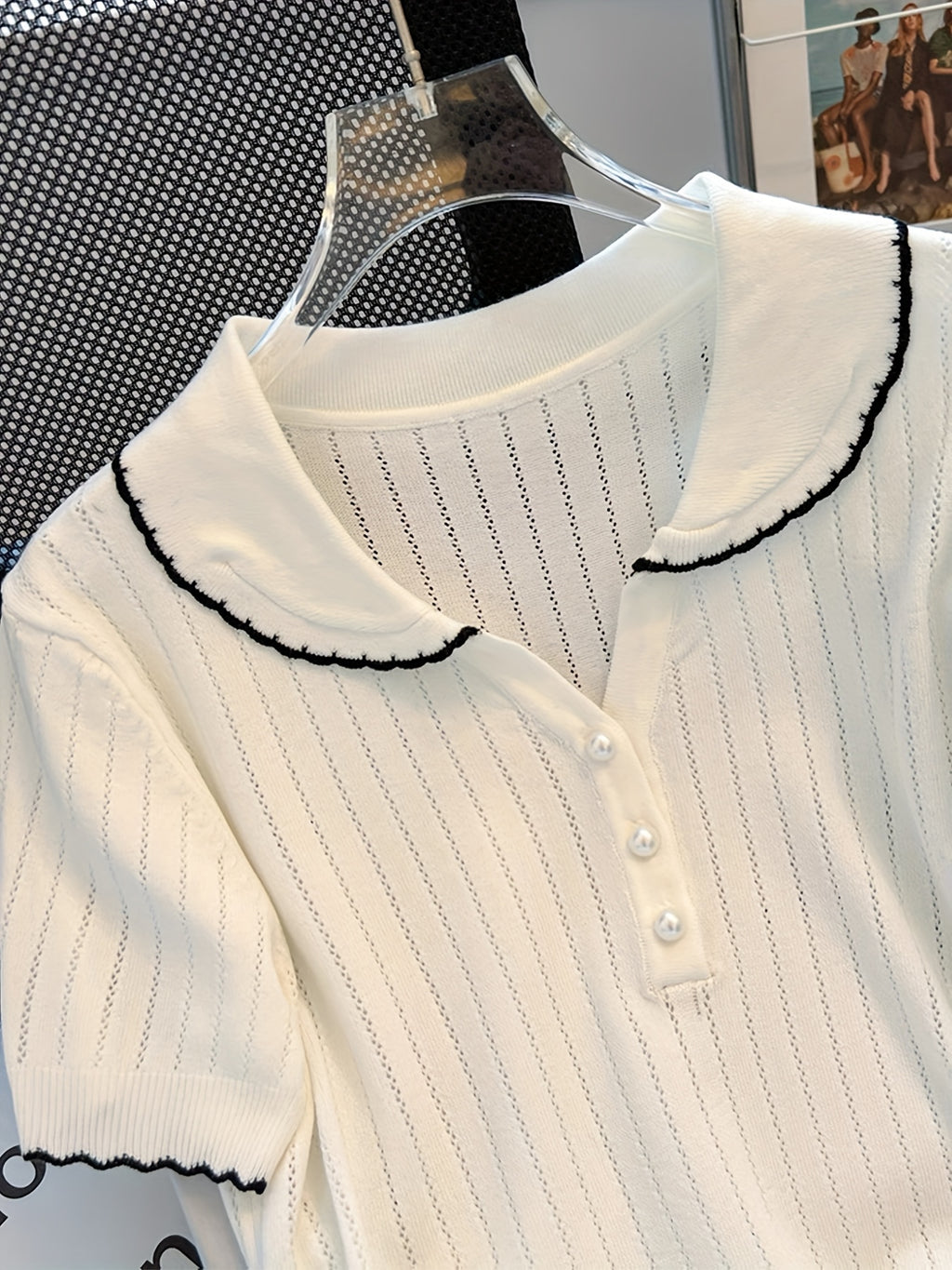Women Peter Pan Collar Short Sleeve Knit Top