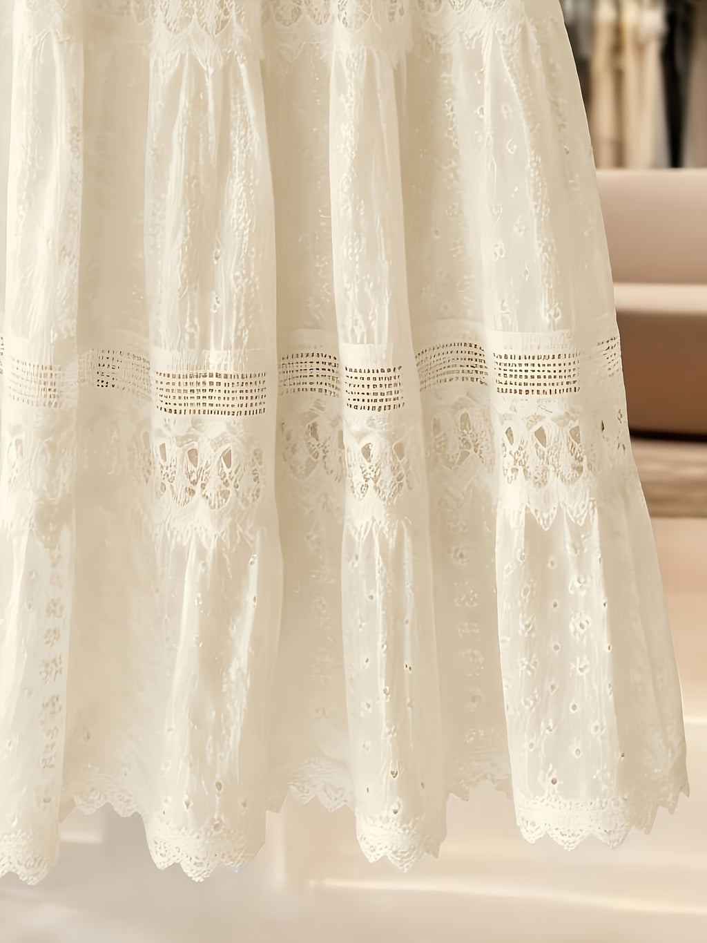 Women White Eyelet Lace Midi Skirt