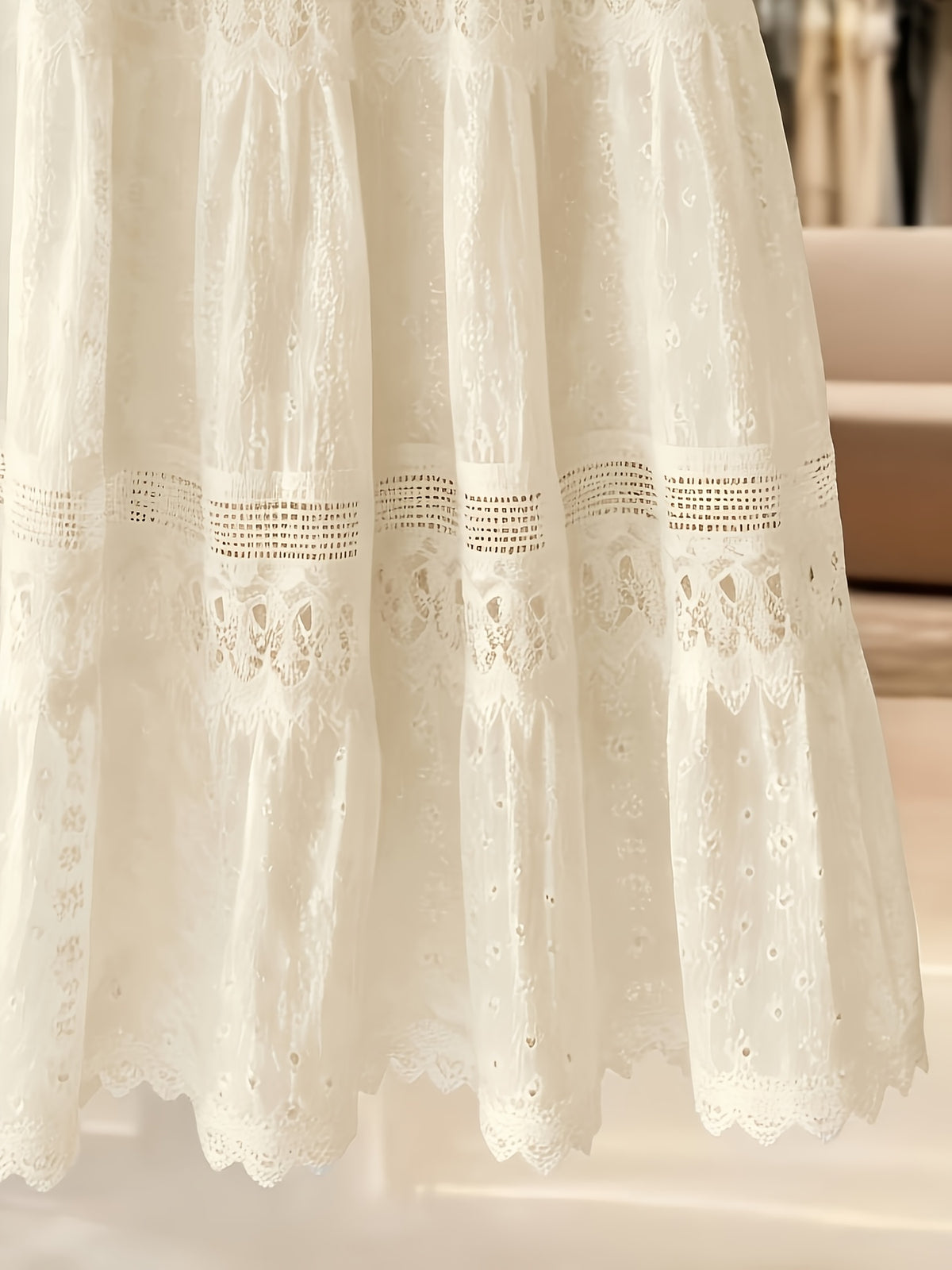 Women White Eyelet Lace Midi Skirt