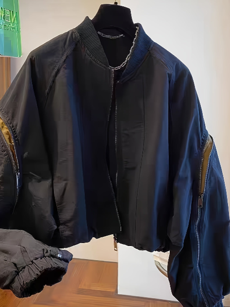 Color Block Zipper Sleeve Stand Collar Outerwear