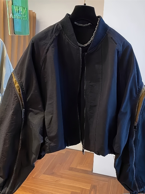 Color Block Zipper Sleeve Stand Collar Outerwear