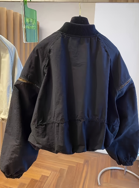 Color Block Zipper Sleeve Stand Collar Outerwear