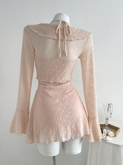 Halter Tie Mini Dress Flare Long Sleeve Ruffle Cover Up Set