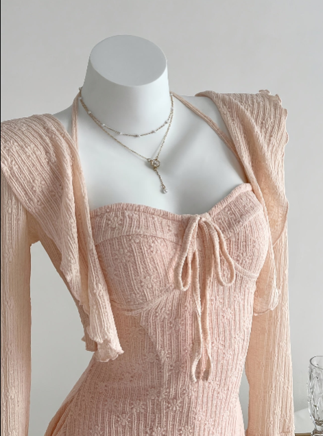 Halter Tie Mini Dress Flare Long Sleeve Ruffle Cover Up Set